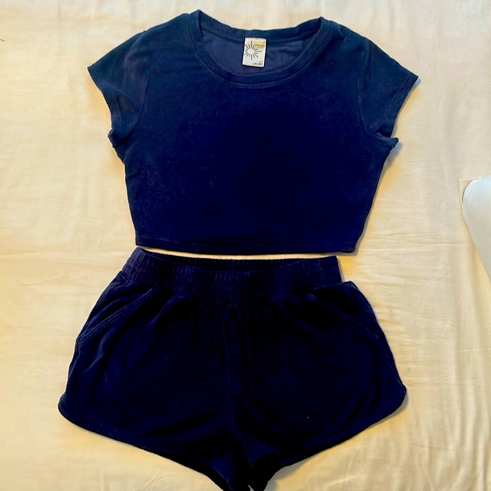 Navy Velour Two-Piece Crop Top & Shorts Set